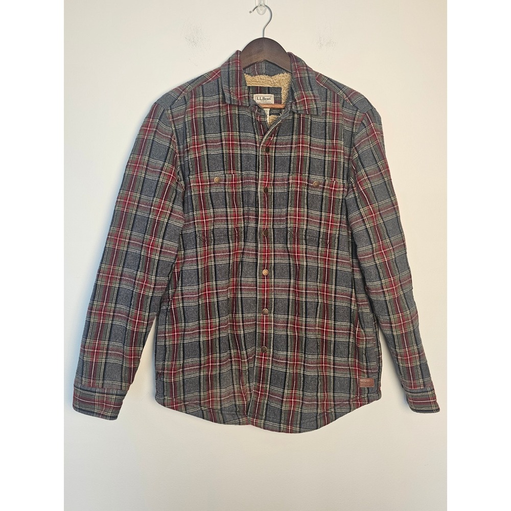 CabiCore L.L.Bean Sherpa Lined Flannel Shirt Jacket Mens M Gray Red Plaid Snap
